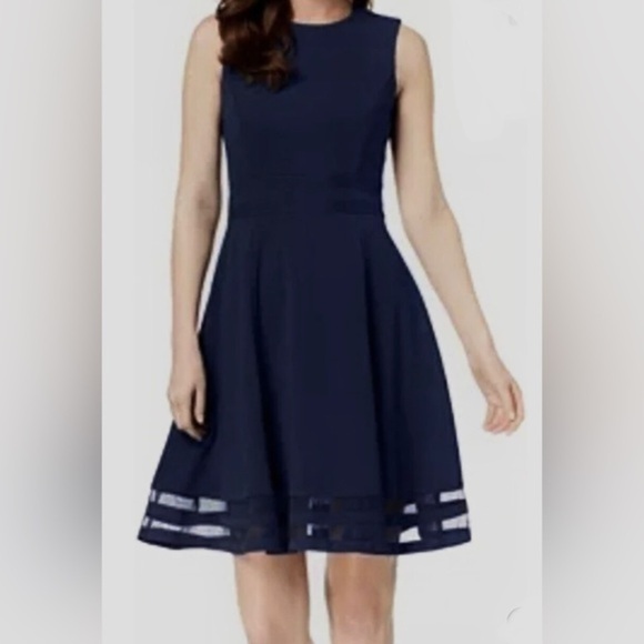 Calvin Klein Dresses & Skirts - Calvin Klein navy blue lace illusion trim fit & flare sheath dress size 8 petite